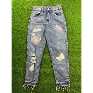 Justice Girls Jeans 14 Butterfly Print Distressed Ripped Blue Denim Raw Hem Cute